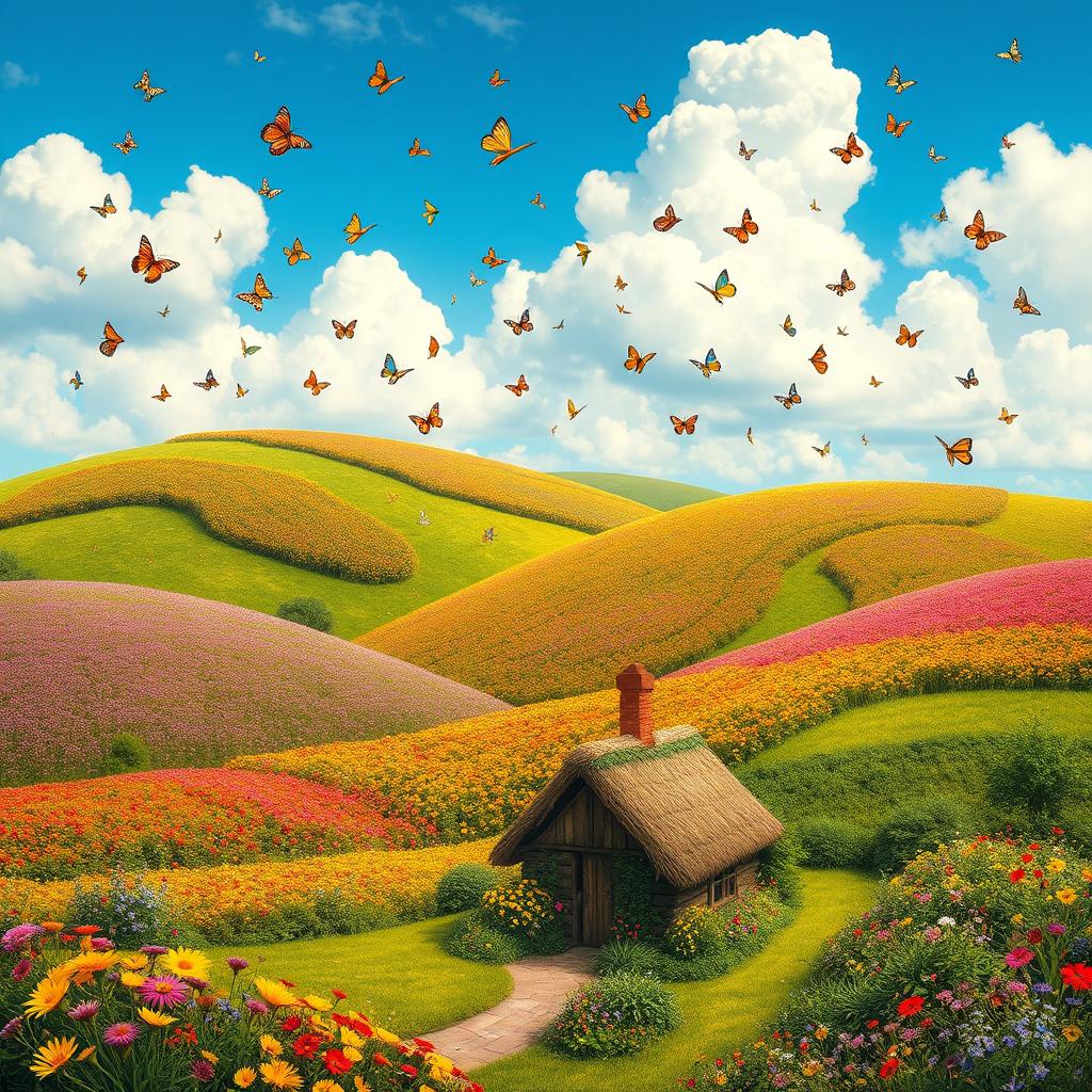 A whimsical and colorful landscape inspired by the themes of L