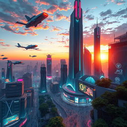 A visually striking, futuristic digital artwork featuring a breathtaking cityscape at dusk, with towering skyscrapers illuminated by vibrant neon lights, flying cars zipping through the air, and a stunning sunset casting an array of colors across the sky