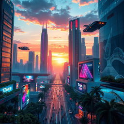 A visually striking, futuristic digital artwork featuring a breathtaking cityscape at dusk, with towering skyscrapers illuminated by vibrant neon lights, flying cars zipping through the air, and a stunning sunset casting an array of colors across the sky