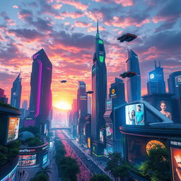 A visually striking, futuristic digital artwork featuring a breathtaking cityscape at dusk, with towering skyscrapers illuminated by vibrant neon lights, flying cars zipping through the air, and a stunning sunset casting an array of colors across the sky