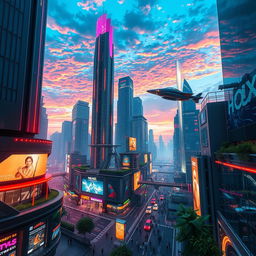 A visually striking, futuristic digital artwork featuring a breathtaking cityscape at dusk, with towering skyscrapers illuminated by vibrant neon lights, flying cars zipping through the air, and a stunning sunset casting an array of colors across the sky