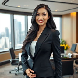 An exceptionally beautiful Chinese woman with large, rounded breasts, portrayed as a charismatic CEO