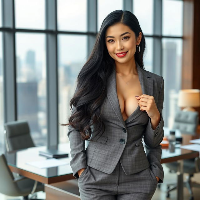 An exceptionally beautiful Chinese woman with large, rounded breasts, portrayed as a charismatic CEO