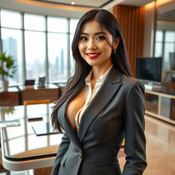 An exceptionally beautiful Chinese woman with large, rounded breasts, portrayed as a charismatic CEO