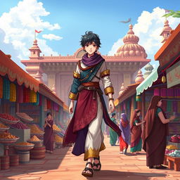 A character from Demon Slayer, wearing a beautifully detailed version of their signature outfit, walking gracefully through a vibrant Indian market