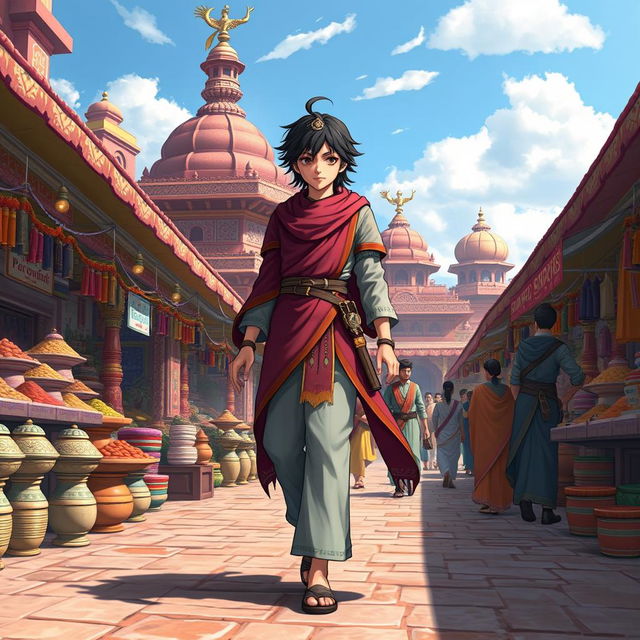 A character from Demon Slayer, wearing a beautifully detailed version of their signature outfit, walking gracefully through a vibrant Indian market