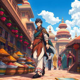 A character from Demon Slayer, wearing a beautifully detailed version of their signature outfit, walking gracefully through a vibrant Indian market