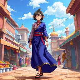 A character from Demon Slayer, wearing a beautifully detailed version of their signature outfit, walking gracefully through a vibrant Indian market