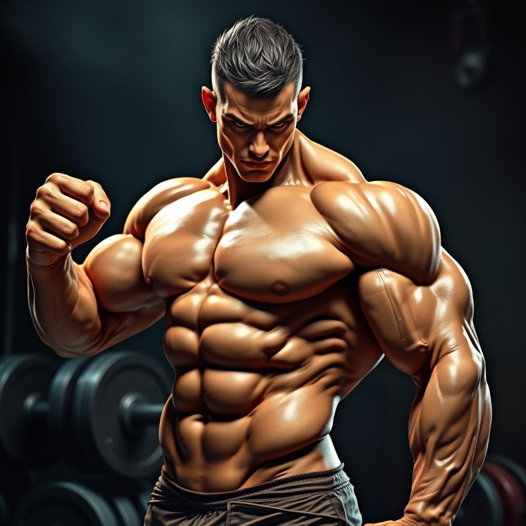 A muscular male figure striking a powerful pose, showcasing an impressive physique with well-defined muscles and prominent veins