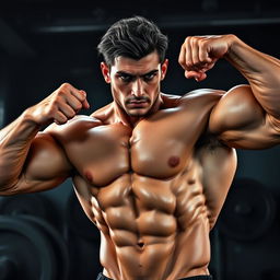A muscular male figure striking a powerful pose, showcasing an impressive physique with well-defined muscles and prominent veins