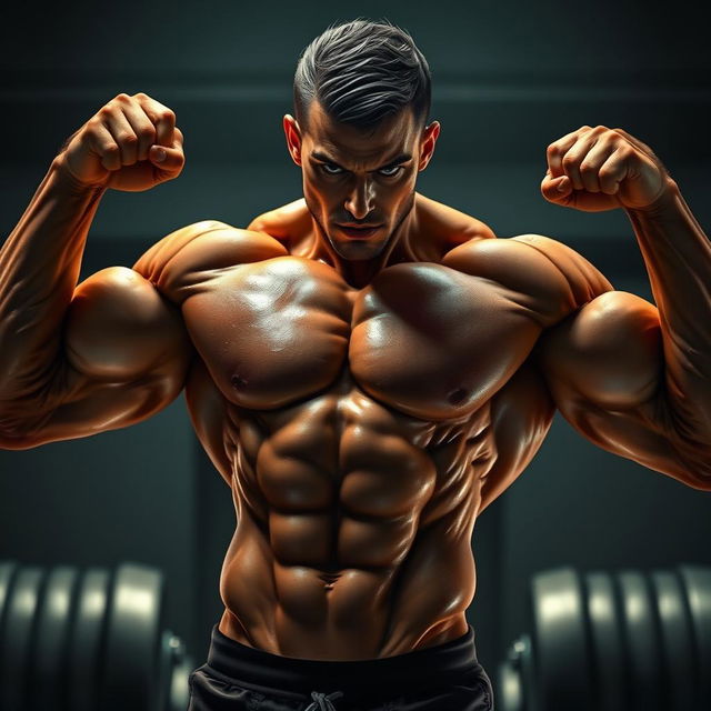 A muscular male figure striking a powerful pose, showcasing an impressive physique with well-defined muscles and prominent veins