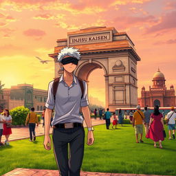 Gojo Satoru from the anime Jujutsu Kaisen, depicted with his signature white hair and blindfold, walking confidently near India Gate, a prominent monument in New Delhi, India