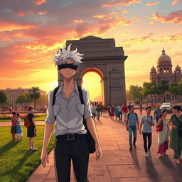 Gojo Satoru from the anime Jujutsu Kaisen, depicted with his signature white hair and blindfold, walking confidently near India Gate, a prominent monument in New Delhi, India