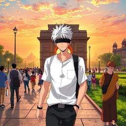 Gojo Satoru from the anime Jujutsu Kaisen, depicted with his signature white hair and blindfold, walking confidently near India Gate, a prominent monument in New Delhi, India
