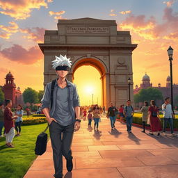 Gojo Satoru from the anime Jujutsu Kaisen, depicted with his signature white hair and blindfold, walking confidently near India Gate, a prominent monument in New Delhi, India