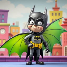 A silly version of Batman character with oversized, colorful wings, wearing a playful expression and a bright costume that includes a playful twist on the classic bat symbol