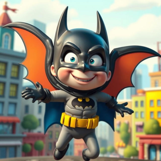 A silly version of Batman character with oversized, colorful wings, wearing a playful expression and a bright costume that includes a playful twist on the classic bat symbol