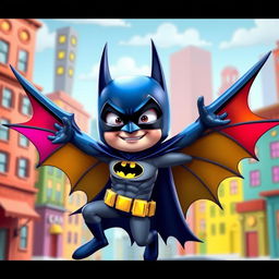 A silly version of Batman character with oversized, colorful wings, wearing a playful expression and a bright costume that includes a playful twist on the classic bat symbol