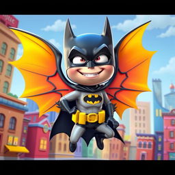 A silly version of Batman character with oversized, colorful wings, wearing a playful expression and a bright costume that includes a playful twist on the classic bat symbol