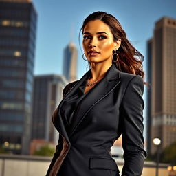 A stunning lady with large breasts, elegantly dressed in a classic tailored suit