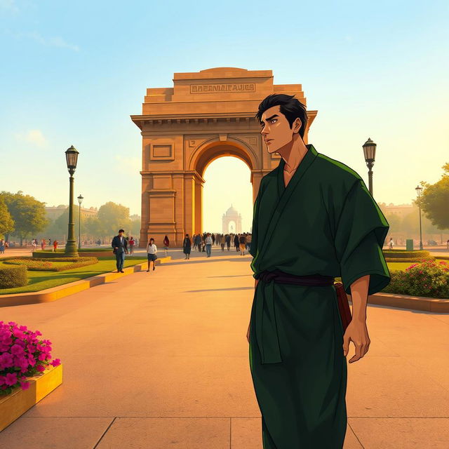 Tanjiro Kamado from Demon Slayer, depicted with his distinctive green and black checkered haori, walking thoughtfully near India Gate during early morning