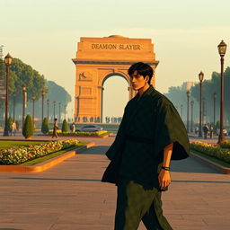 Tanjiro Kamado from Demon Slayer, depicted with his distinctive green and black checkered haori, walking thoughtfully near India Gate during early morning