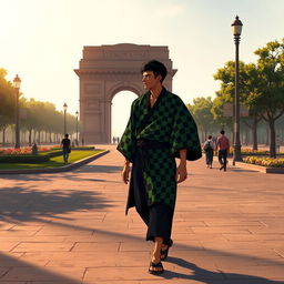 Tanjiro Kamado from Demon Slayer, depicted with his distinctive green and black checkered haori, walking thoughtfully near India Gate during early morning