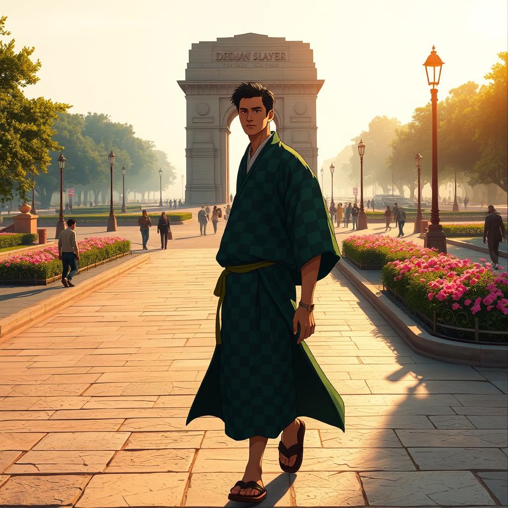 Tanjiro Kamado from Demon Slayer, depicted with his distinctive green and black checkered haori, walking thoughtfully near India Gate during early morning