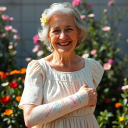 A portrait capturing an elderly female with a warm smile, wearing a breathable cotton sundress