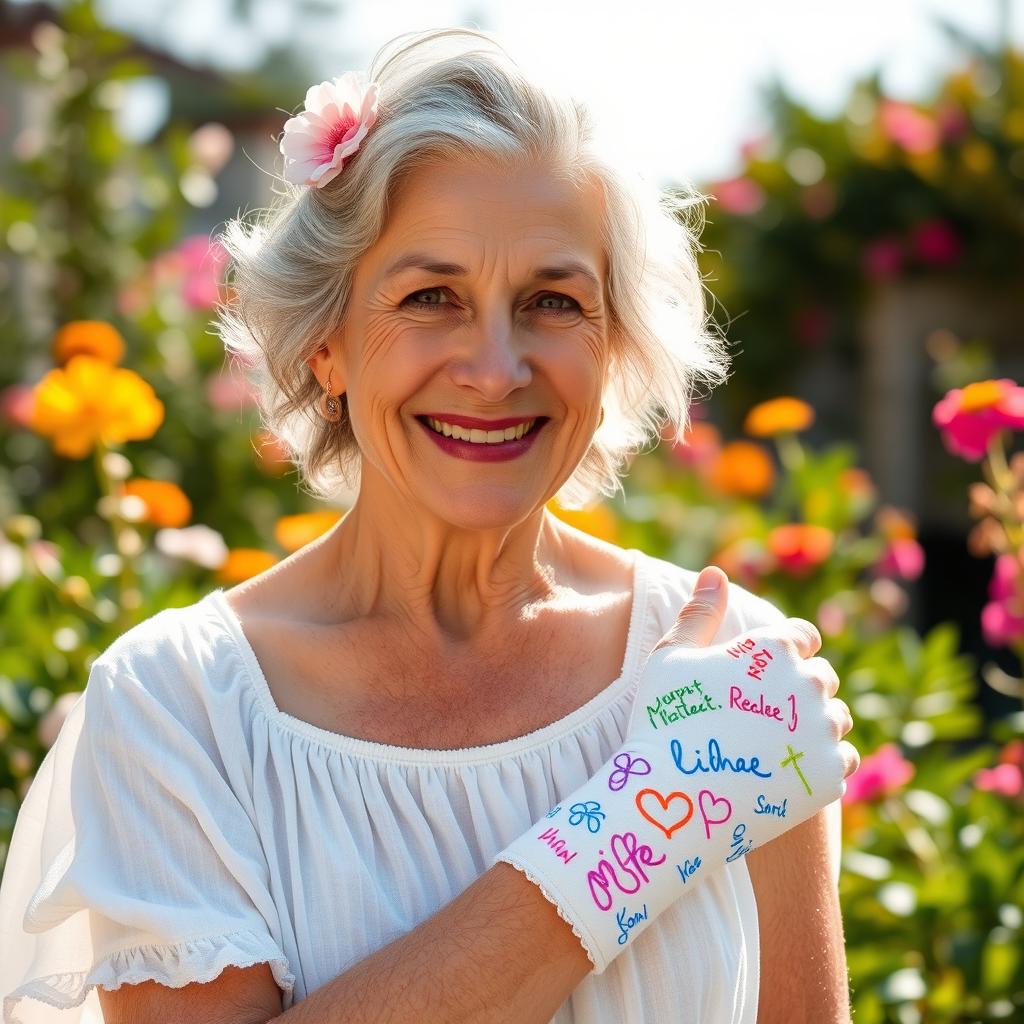 A portrait capturing an elderly female with a warm smile, wearing a breathable cotton sundress