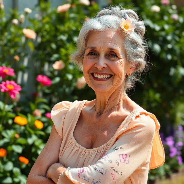 A portrait capturing an elderly female with a warm smile, wearing a breathable cotton sundress