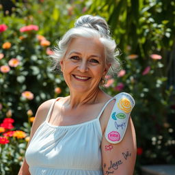 A portrait capturing an elderly female with a warm smile, wearing a breathable cotton sundress