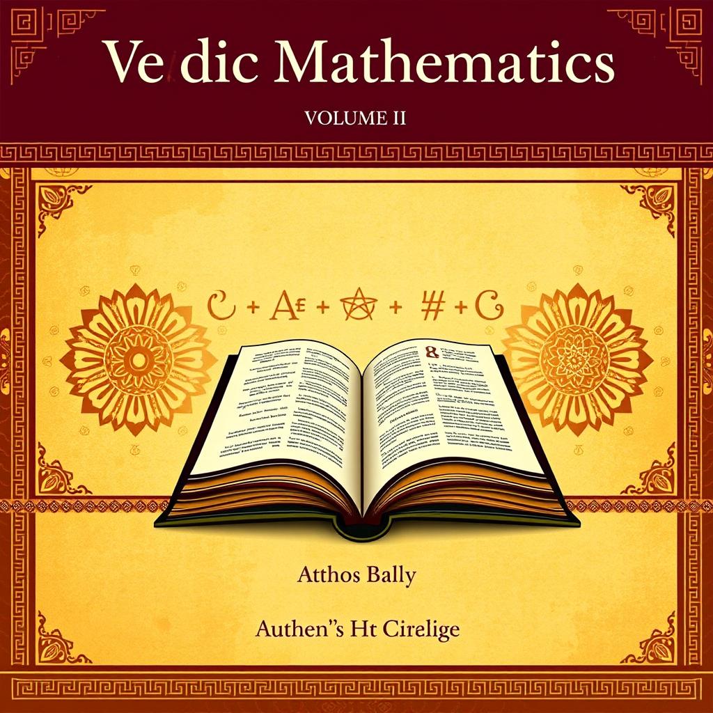 A scholarly book cover design for 'Vedic Mathematics, Volume II', featuring intricate traditional Indian patterns in warm earth tones, with an open book and mathematical symbols subtly integrated in the background