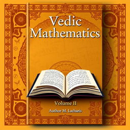 A scholarly book cover design for 'Vedic Mathematics, Volume II', featuring intricate traditional Indian patterns in warm earth tones, with an open book and mathematical symbols subtly integrated in the background