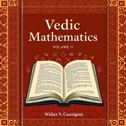 A scholarly book cover design for 'Vedic Mathematics, Volume II', featuring intricate traditional Indian patterns in warm earth tones, with an open book and mathematical symbols subtly integrated in the background