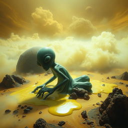 A surreal and captivating scene depicting an alien creature melting away on the surface of Venus