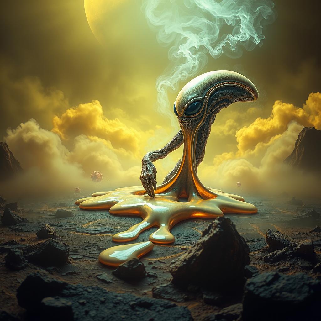 A surreal and captivating scene depicting an alien creature melting away on the surface of Venus