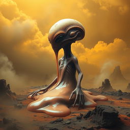A surreal and captivating scene depicting an alien creature melting away on the surface of Venus