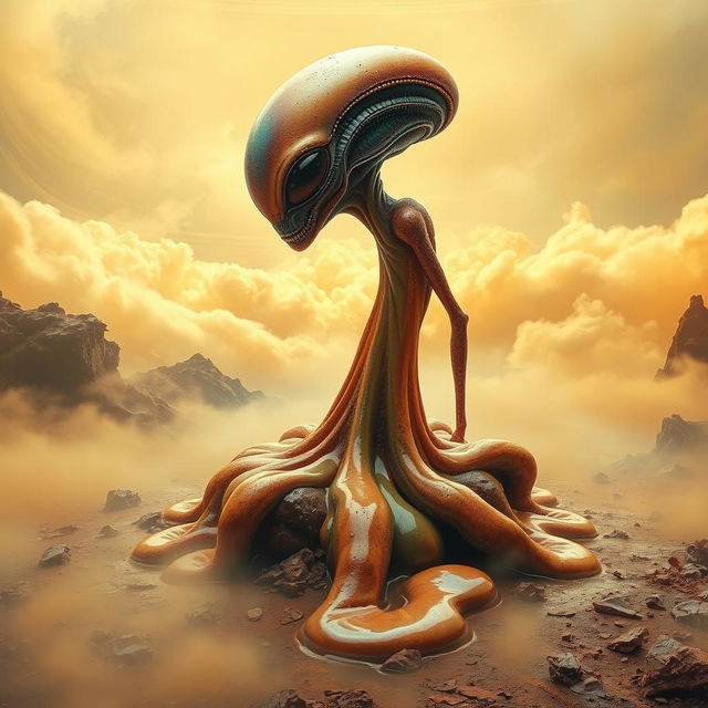 A surreal and captivating scene depicting an alien creature melting away on the surface of Venus