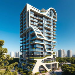 A high-rise residential building designed in a modern style featuring a unique, curved, and irregular shape