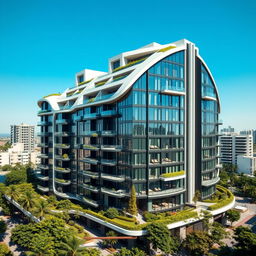 A high-rise residential building designed in a modern style featuring a unique, curved, and irregular shape