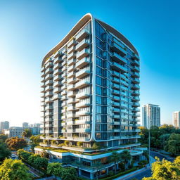 A high-rise residential building designed in a modern style featuring a unique, curved, and irregular shape