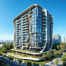 A high-rise residential building designed in a modern style featuring a unique, curved, and irregular shape