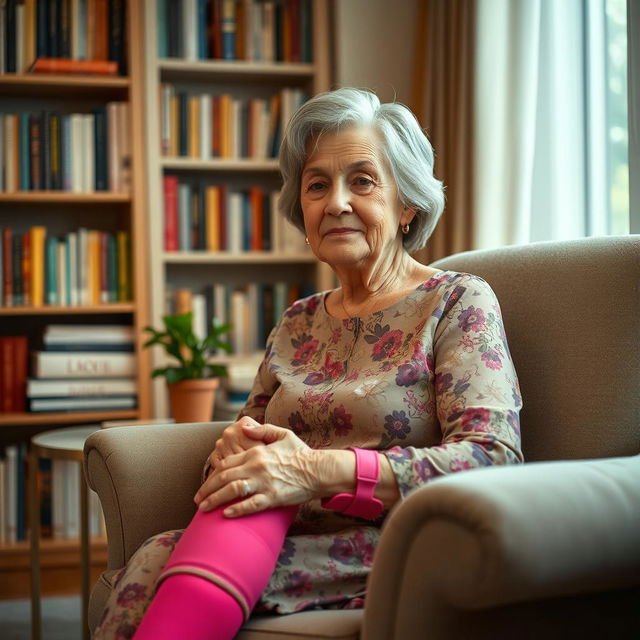 An elderly female sitting gracefully in a cozy living room, wearing a bright pink full leg cast that draws attention