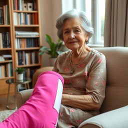 An elderly female sitting gracefully in a cozy living room, wearing a bright pink full leg cast that draws attention