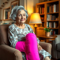 An elderly female sitting gracefully in a cozy living room, wearing a bright pink full leg cast that draws attention