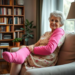 An elderly female sitting gracefully in a cozy living room, wearing a bright pink full leg cast that draws attention