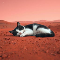 A cute cat with half black and half white fur peacefully sleeping on the surface of Mars