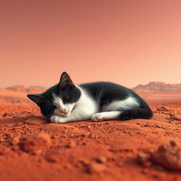 A cute cat with half black and half white fur peacefully sleeping on the surface of Mars