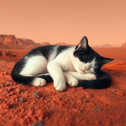 A cute cat with half black and half white fur peacefully sleeping on the surface of Mars